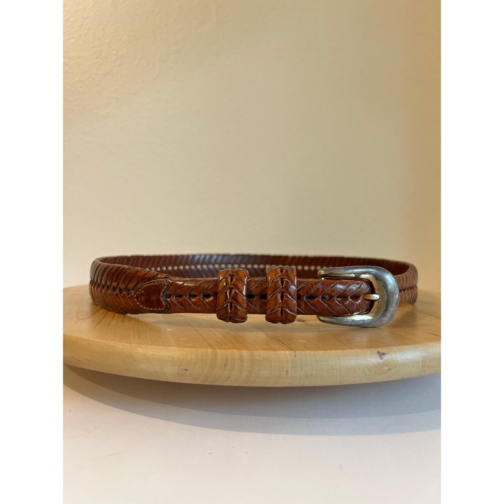 Vintage 90s Brown Genuine Leather Woven Brass Buckle Spain Made Belt Size Large